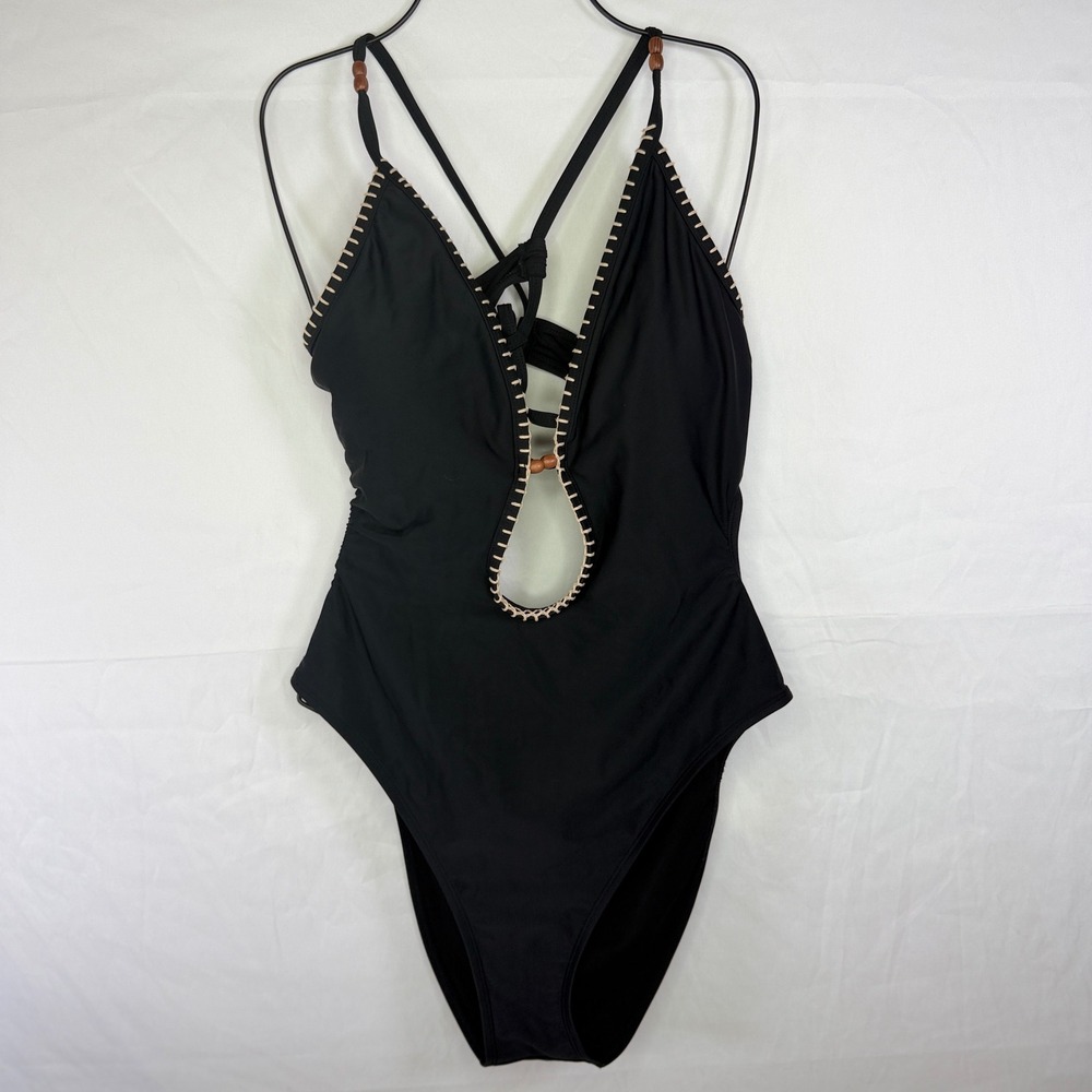 Shade & Shore Swimsuit Womens XL Black Cut Out Wood Bead Crochet Monokini